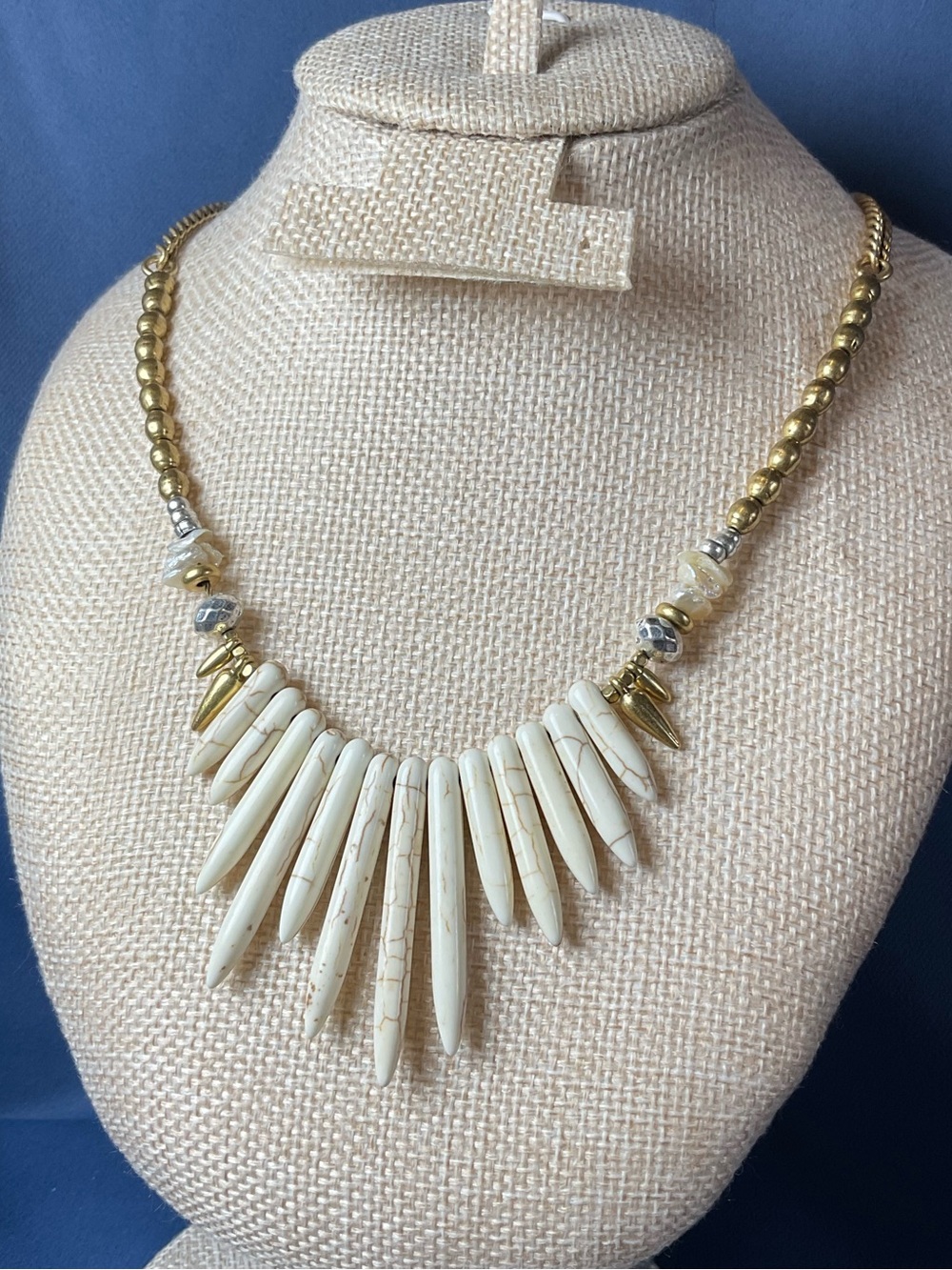Boho Ivory Spike Statement Necklace Gold Tone Beaded Tribal Chic Gold & ivory